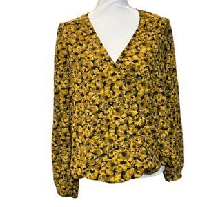 A New Day Ladies "Wrap Look" Blouse Gold with Black Floral Button Cuff Size XL